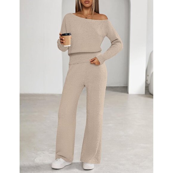 Women's Fuzzy Fleece Pajama Set Off-Shoulder Sweater & Wide Leg Pants - Picture 2 of 8